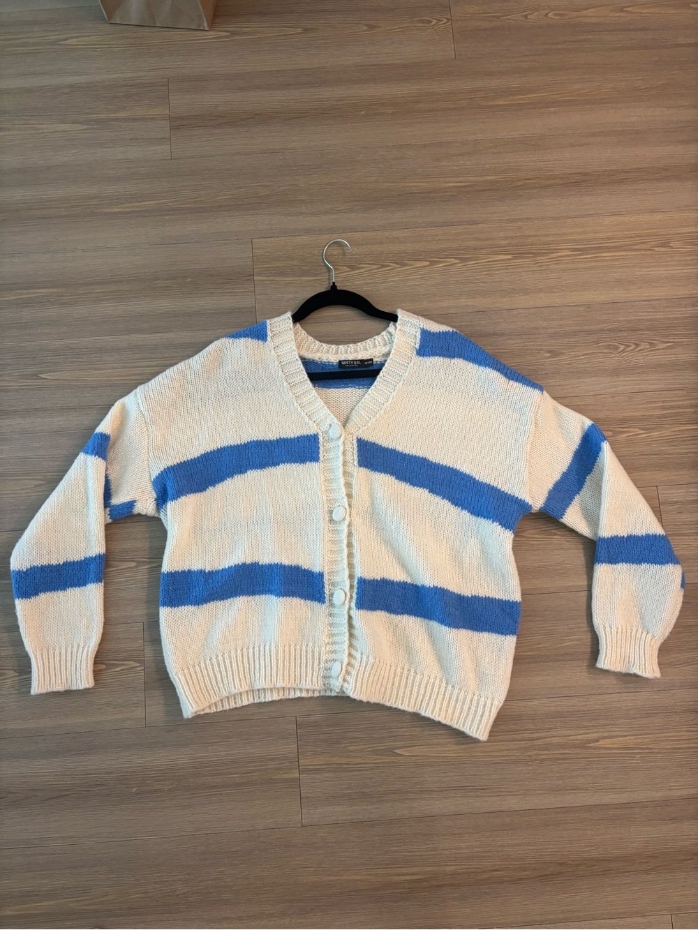 Nasty Gal Cream & Blue Striped V-Neck Button Cardigan